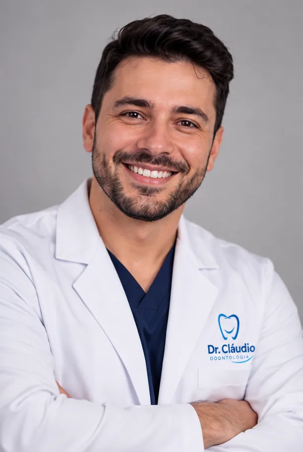 Dr. Cláudio de jaleco, sorrindo, braços cruzados